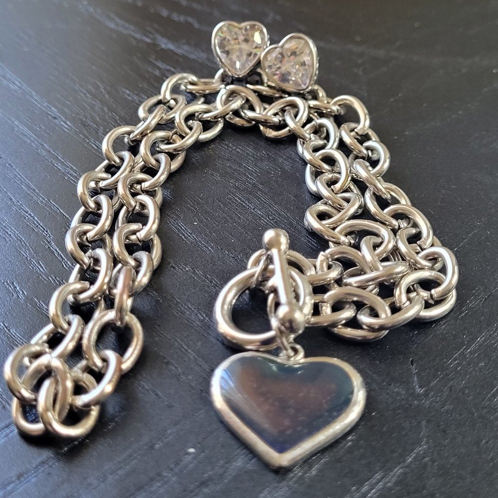 Silver Tone Toggle Necklace with Heart Pendant with Heart CZ Stud Earrings